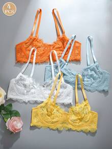 4件装蕾丝无衬垫优雅时尚文胸，夏季文胸，法式风格，睡衣文胸，无衬垫蕾丝文胸，无钢圈，透气舒适，适合日常穿着，可作内搭。[适合娇小身材][尺码偏小，建议选购大一码] - 彩色 - 查看 2