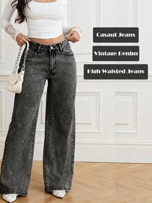 Vintage Denim High-Waisted Long Pants Straight-Leg Boyfriend Black Jeans For Street City Walk‌ Casual Outfit For Women Spring/Summer