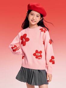 Balabala Girls' Round Neck Jacquard Knit Sweater, Soft Spring Knitwear - White and Red - View 1