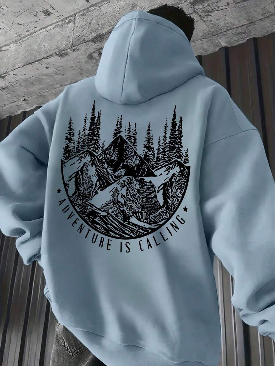 男士风景图案印花抽绳口袋连帽卫衣，时尚百搭，秋冬款 - 淺藍色 - 查看 1
