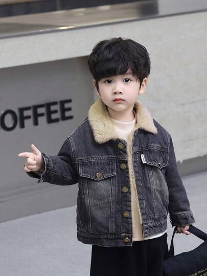 男童保暖牛仔外套，适合日常、上学、休闲和户外活动穿着，秋冬季款