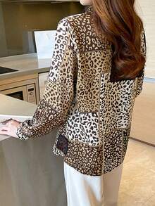 Women's Leopard Print Patchwork Button Front Long Sleeve Shirt Chic Casual Blouse Vacation Spring - Leopard Print - View 4