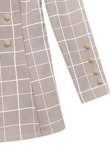 女式秋季格子翻领长袖金属纽扣休闲西装外套