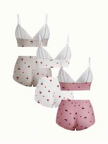 Bonmuse 3件套女士樱桃印花荷叶边内衣文胸和内裤套装 - 彩色 - 查看 2