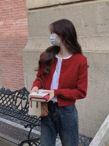 Cárdigan académico para mujer de punto trenzado liso con cuello redondo, manga larga y botones - Rojo - Ver 7