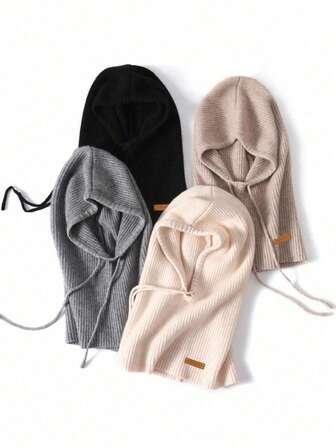 1件男女通用100%羊毛冬季帽，带流苏，休闲拉法帽，保暖加厚抽绳连帽围巾颈套，时尚可拆卸领子