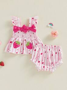 Baby Girls Shorts Set, Strawberry Stripes Print Sleeveless Camisole With Elastic Waist Shorts Summer Outfit - Pink - View 4