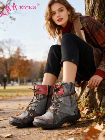  1 双 TMA EYES 复古风格手工缝制 PU 拼接撞色做旧绒面内衬保暖绒面鞋垫防滑耐穿舒适防寒户外休闲系带侧拉链加大码宽楦女短靴