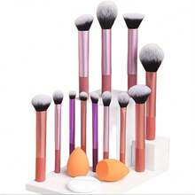 12pcs Multi-Functional Ultra Soft Makeup Brushes + Angled & Teardrop Makeup Sponges + 1pc Round/Teardrop Makeup Powder Puff, 20pcs Makeup Tools For Quick Application - Pink - View 3