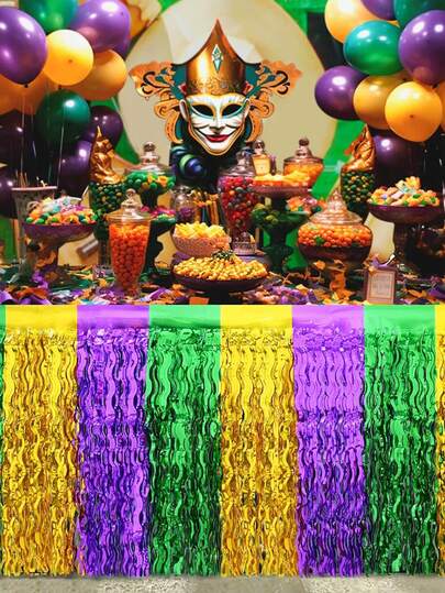 1/2packs Mardi Gras Party Decorations Table Skirts , Purple Green Gold Wavy Metallic Tinsel Foil Fringe Table Skirts For Rectangle And Round Table, Table Decorations For Mardi Gras, Carnival Party Supplies,Holiday Kitchen Dining Table Decoration For Home Party Decor,Seasonal Room Decoration, Holiday Party Decoration,Holiday Dining Indoor/Outdoor Use,Party Supplies