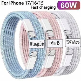 USB-C snabbladdningskabel, flerfärgad 3-pack [3,3/6,6/10 fot] USB-C till C nylonflätad laddningskabel, typ-C datasynkroniseringskabel, kompatibel med iPhone 17/16/15/Pro/Pro Max/iPad, kompatibel med och andra Android-telefonladdningskablar, lämplig för inomhus-/utomhus-/resor- och bilanvändning