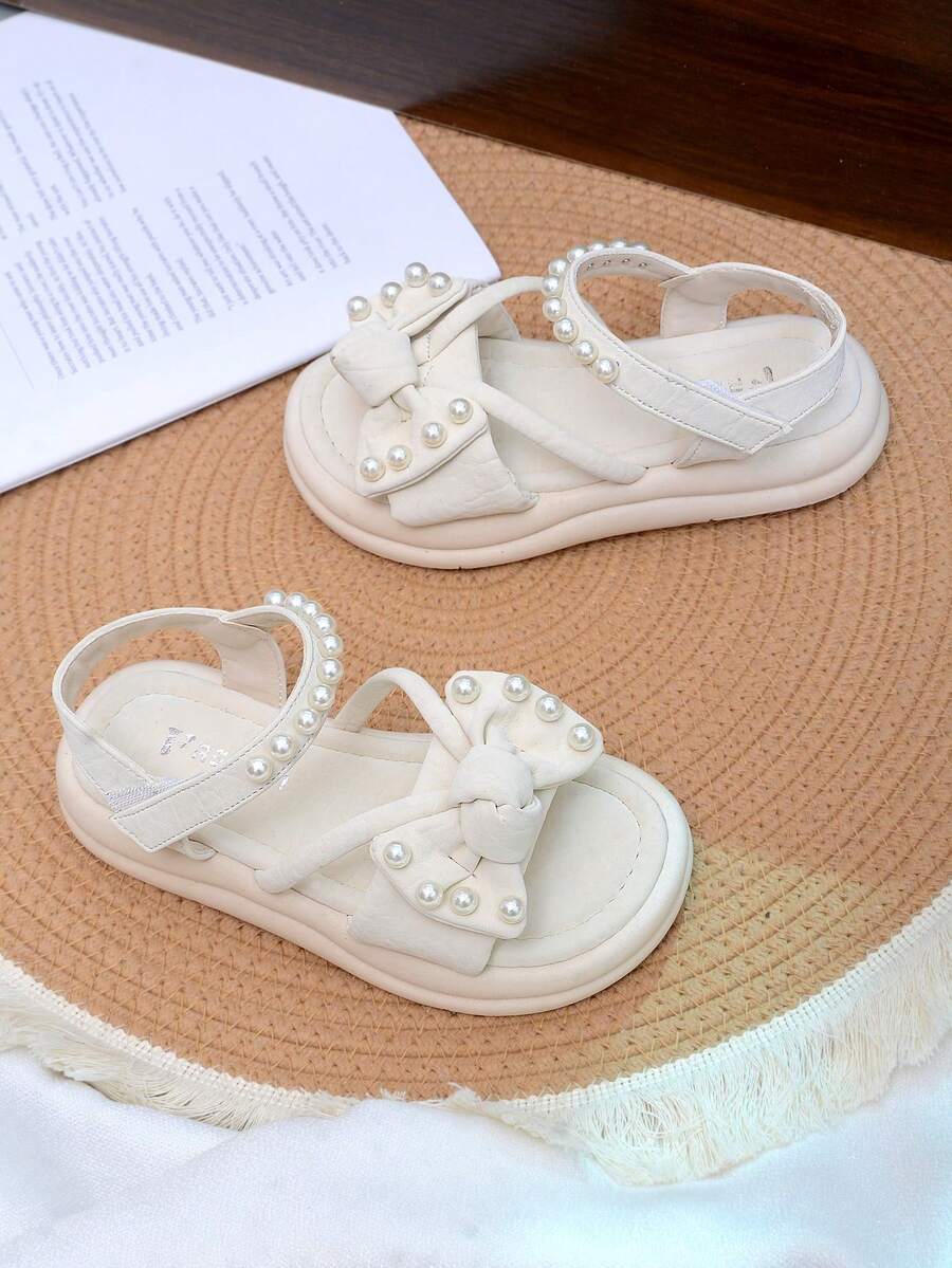 儿童时尚休闲凉鞋，适合夏季，珍珠公主鞋，漂亮、优雅、柔软舒适的婴儿鞋 - 米色 - 查看 1