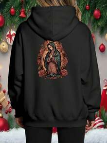 1pc Men' S 260G 100% Polyester Our Lady of Guadalupe Classic Graphic Hoodie Black Pullover Sweatshirt, Drawstring Hood, Front Pocket Casual Fall Winter Apparel Concerts & Everyday Outfits Washable Merchandise, Unisex Adult & Youth Sizes, Gym Shirts, Everyday Comfort, Sporty Look, Comfortable and warm, suitable for Christmas, Halloween, Thanksgiving, Soft Material  Streetwear Lovers - Negro - Ver 3