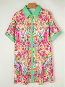 1 Women Floral Geometric Print Cuffed Shift Shirt Dress Button Front Dress Mini Dress - Multicolor - View 4
