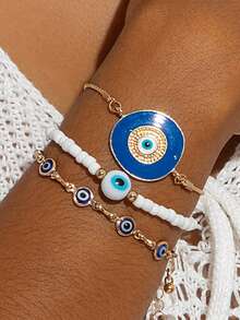 3pcs Set Minimalist Beaded Eye Of The Devil Bracelet Chain Jewelry Set, Suitable For Daily Wear, Parties, Gifts (Handmade Chain Customized Length, Varying Eye Bead Quantity And Oil Drip Color) - 31108-bra-g-eP - View 2