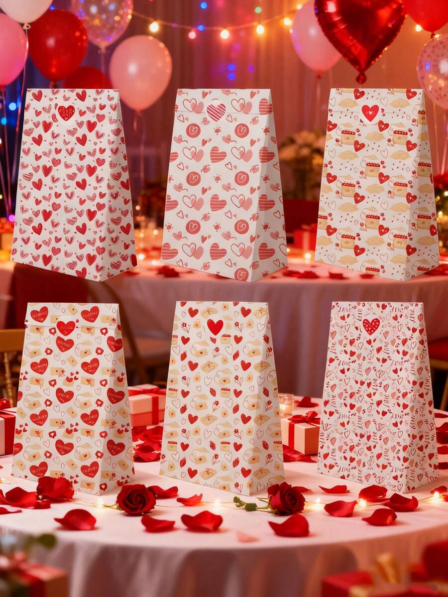 13pcs/Set Valentine's Day Gift Bags With Heart Stickers - Pink And White Heart Pattern Party Gift Bags With Adhesive Labels, Suitable For Valentine's Day, Wedding, Birthday And Anniversary Occasions. (Loose Paper Gift Bags) - Multicolor - View 1