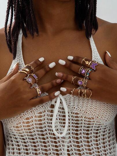 Set de 5 piezas/7 piezas/17 piezas de anillos con colgantes de mariposa, rhinestone, redondo, corazón, onda y estrella de aleación esmaltada de moda y colorida, regalo para fiesta (esmalte hecho a mano, el color del esmalte puede variar ligeramente)