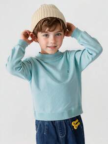 Balabala Tween Boy Casual Letter Embroidered Crew Neck Long Sleeve Loose Knit Pullover Sweater, Autumn/Winter - Sky Blue - View 4