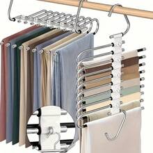 1 Giá treo quần bằng thép không gỉ có thể thu vào, gấp gọn, đa năng, nhiều lớp, dùng để phơi quần áo tại nhà - Giá treo quần, áo (đen) - Xem 2