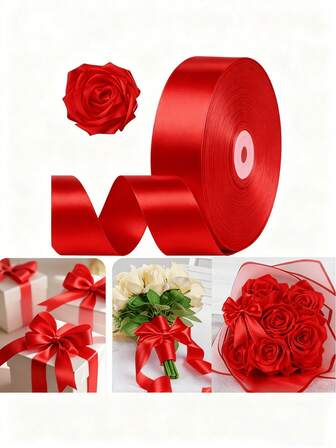 1PC/Red Ribbon 1-1/2 Inch X 25 Yards, Solid Color Fabric Satin Ribbon For Gift Wrapping, DIY Crafts, Bridal Bouquets, Wreaths, Bows, Sewing Projects, Baby Shower And Wedding Party Decoration,Valentine's Day Decorations