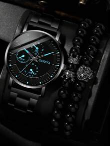 3pcs Fashionable And Versatile Men's Steel Strap Quartz Watch, Paired With Lion Crown Bead Bracelet Set, Suitable For Business, Parties, And Daily Wear, The Best Gift For Men. - Black - View 5