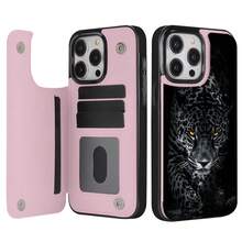 Night Leopard Pattern Faux Leather Magnetic Case Compatible With IPhone 17 Pro Max, 17 Air, 16 Pro, 15, 14 Plus, 13 And 12 It Also Works With  S25 ULTRA/ S25/ S24 ULTRA/ S24/ S23 ULTRA/ S23/ S22 ULTRA And Accepts Credit Cards, Room Cards And. Christmas Accessories. Suitable For IPhone 17 Pro Max Phone Case, Exquisite High-Definition Printed Phone Case, Perfect Christmas Gift For Family, Boyfriend/Girlfriend, Personal Phone Case, Christmas Gift, Fashionable Phone Case, Card Bag Style Phone Case, Wallet Style Phone Case - 粉色 - 查看 2