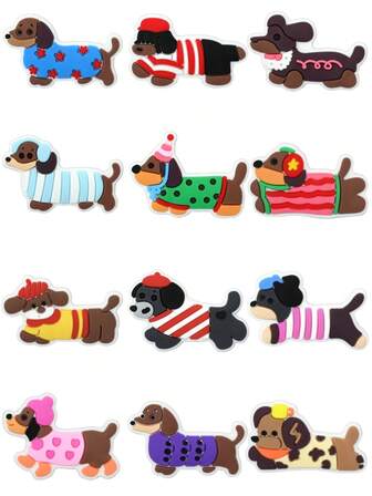 12pcs Dachshund Series, Soft PVC Material Dog Shoe Charms - Cute Dachshund Design, Vivid Expression, Wearing Adorable Clothes, Anti-Slip Design, DIY Decor, Suitable For Sandals, Sneakers, Boots - Party Gifts, Fun Design, Decorative Pendant, Great Gift, Shoe Decoration, Halloween Shoe Decor, Sneaker Accessories, Christmas Shoe Decor, Sandal Decoration, Party Gifts, Fun Accessories