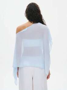 Women's One-Shoulder Sheer Mesh Poncho Asymmetrical Lightweight Shawl See Through Cover Up Top - 天藍色 - 查看 5