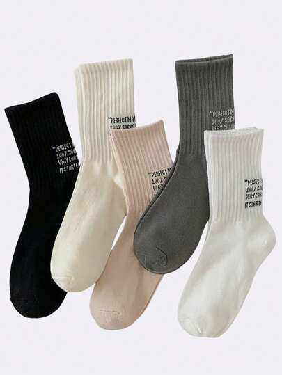 Loungeista 5/10双装女士时尚字母印花纯色休闲运动中筒袜