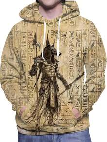 Men's Ancient Egyptian Hieroglyphics & Anubis Hoodie With Egyptian Gods Print (Anubis, Horus, Ra) - Adjustable Hood, Machine Washable, Plus Size Casual Themed Costume Or Casual Attire - Egyptian Text Clothing, PLUS SIZE - Kiểu 1 - Xem 6