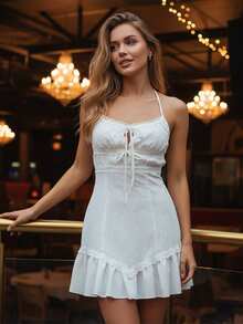 Women's Halter Mini Dress Summer Fashionable Lace Patchwork Sleeveless Backless Ruffled Dress - White - View 2