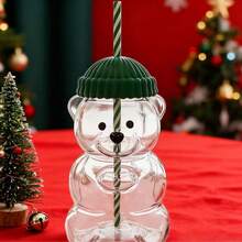 Mini Cute Transparent Bear Straw Cup, With Green Hat Bear Shaped Lid And Straw, Unique Office Design, Transparent Creative Cocktail Cup, Suitable For Juice And Milk Tea, INS Style Cartoon Reusable Travel Cup, Christmas, Valentine's Day, Birthday Gift - Multicolor - View 8