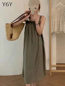 法式新款宽松休闲连衣裙，优雅海滩度假风，春夏款 - 綠色 - 查看 4