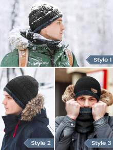 3件套冬季针织帽、围巾和手套套装，保暖围巾，触屏手套，保暖内衬，无檐帽，户外滑雪套装 - 彩色 - 查看 5