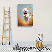 Happy Kitten Modern Art Canvas Poster With Wooden Frame – Playful White Cat In Autumn Field, Warm Orange & Yellow Hues, Perfect For Living Room, Bedroom, Or Dining Room Wall Decor, Ideal Gift Choice, Cat Lover Gifts,Canvas Wall Hanging, Suitable For Hanging - 白色 - 查看 4
