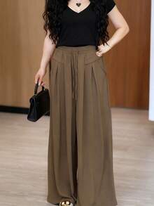 Elegantes pantalones culotte Yamamoto de cintura alta, con pliegues, drapeados, sueltos y holgados Pantalones ligeros y casuales de pierna ancha para mujer, para primavera/otoño. Elegantes, con pliegues, tallas grandes, cintura alta, corte holgado y relajado, estilo Yamamoto, con botones en la cintura y cordón ajustable. Pantalones casuales de pierna ancha y color liso. - Café integral - Ver 2