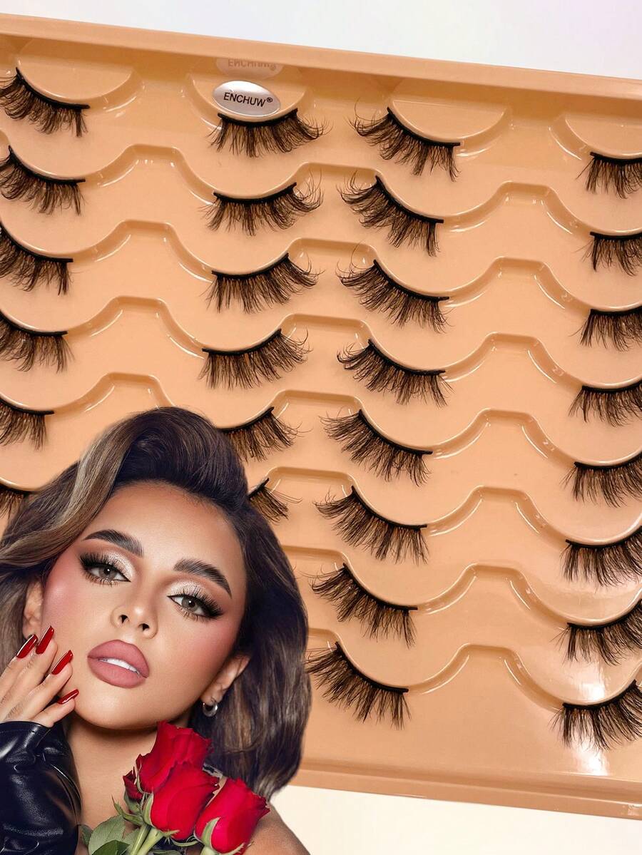 16 Pairs Natural Looking Fluffy & Lengthening Cat Eye Curled False Eyelashes - Black - View 1