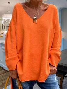 1件V领不对称下摆针织毛衣，高低，春/秋/冬