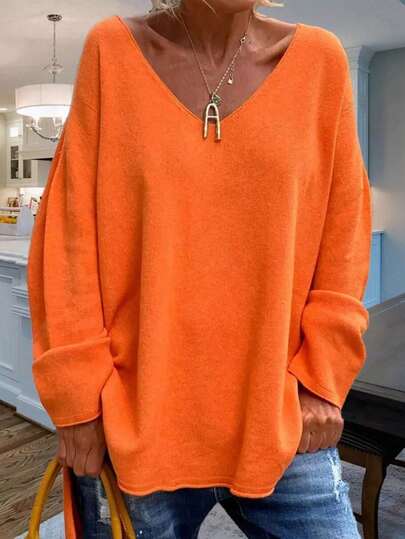 1 pieza Jersey de punto con escote en V y bajo asimétrico, largo alto, para primavera/otoño/invierno