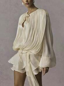 Women's Ruffle Mini Dress Long Lantern Sleeve Tie-Up Front Solid Color Pleated Dress Short Flowy Dress - Apricot - View 2