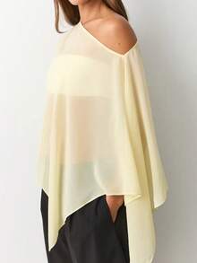 Women's One-Shoulder Sheer Mesh Poncho Asymmetrical Lightweight Shawl See Through Cover Up Top - 黃色 - 查看 4