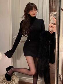 Women Sweater Dresses - Black - View 4