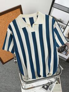 Men's Old Money Style Striped Contrast Knitted Top/Khaki Clothing - Royal Blue - View 2