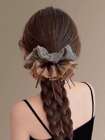 1 pieza Scrunchie de Chifón Floral Vintage, Coletero Grande de Alta Gama, Sujetador de Coleta/Moño para Mujer