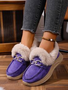 女士厚底毛绒乐福鞋，女士保暖内衬冬季新款软底加厚雪地靴，保暖冬鞋 - 紫色 - 查看 2