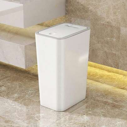 1个带盖浴室垃圾桶，采用防臭、耐磨、加厚坚固的材质，风格简约百搭，4种颜色可选，小巧圆形，表面光滑易于清洁，实用垃圾收纳，有效防止异味，家用带盖垃圾桶。