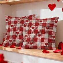 2pcs Heart Plaid Pattern Pillow Cover, Single-Sided Printed Cushion Cover, Suitable For Living Room, Bedroom, Home Decor, All Season