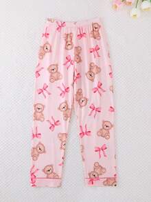 2pcs/Set Girls & Teens Casual Cartoon Teddy Bear Bow Print Lapel Long Sleeve Cardigan And Pants Pajama Set, Flame Retardant, All Season