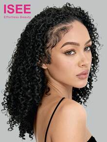 ISEE 卷曲蓬松真人发三合一半假发，无缝翻转式设计，弹性抽绳无缝翻转式隐形绑带假发，无需胶水，无蕾丝，180%密度，14-16英寸波波头，18-28英寸长发，自然黑色，高品质假发，适合日常佩戴，新手友好。 - S1 - 查看 4