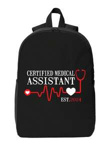 Certified Medical Assistant Heartbeat Design Versatile Geometric Print Backpack - Stylish & All-Match For Daily Use - Black - View 2